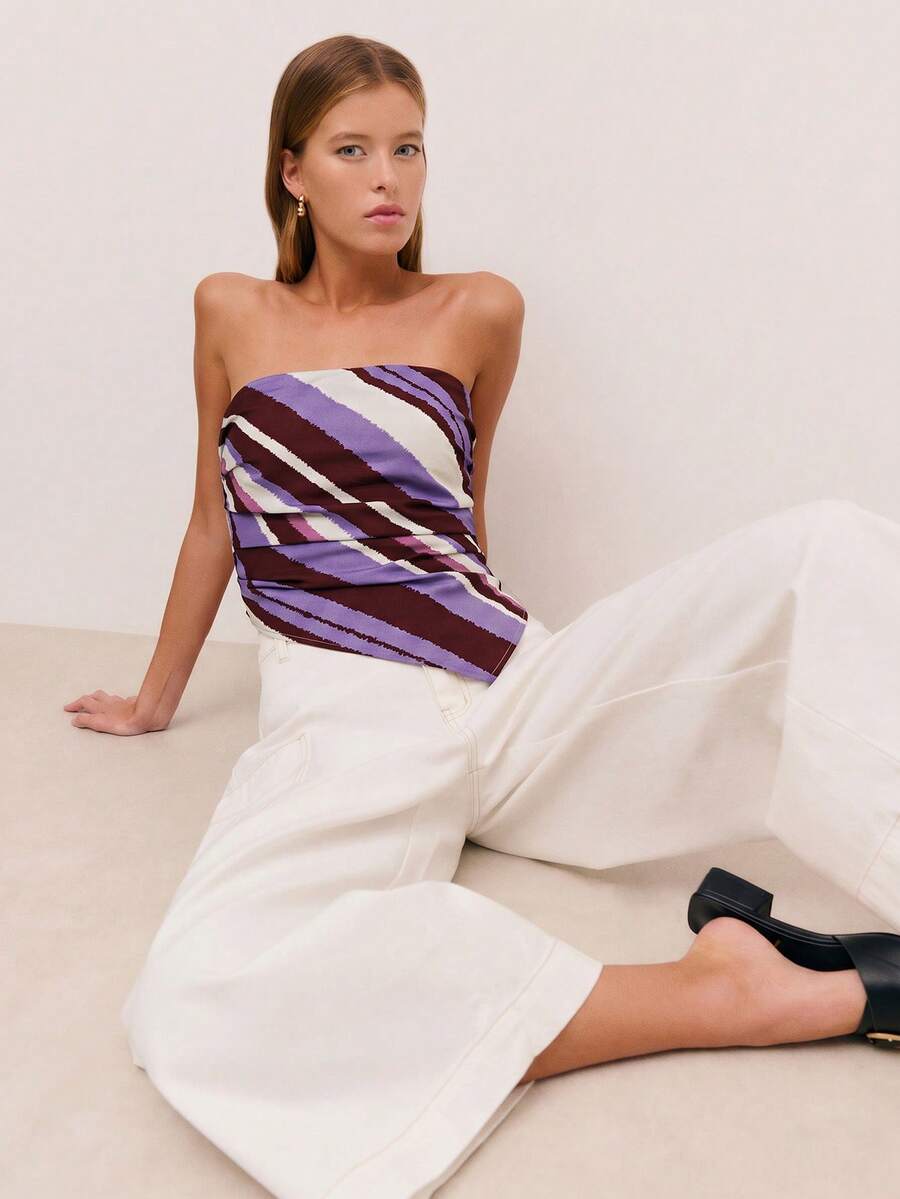 Nöista Bandeau Fitted Top With Stripes In Diagonal In Dark Purple, Asymmetrical Bottom Edge And Smock Stitching Part On The Back. Night Out Summer Sexy - Burgundy - View 1