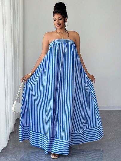Maweii Plus Size Women's Blue & White Vertical Striped Tube Top Loose Long Dress, French Casual Vacation Beach Outfit, Spring/Summer