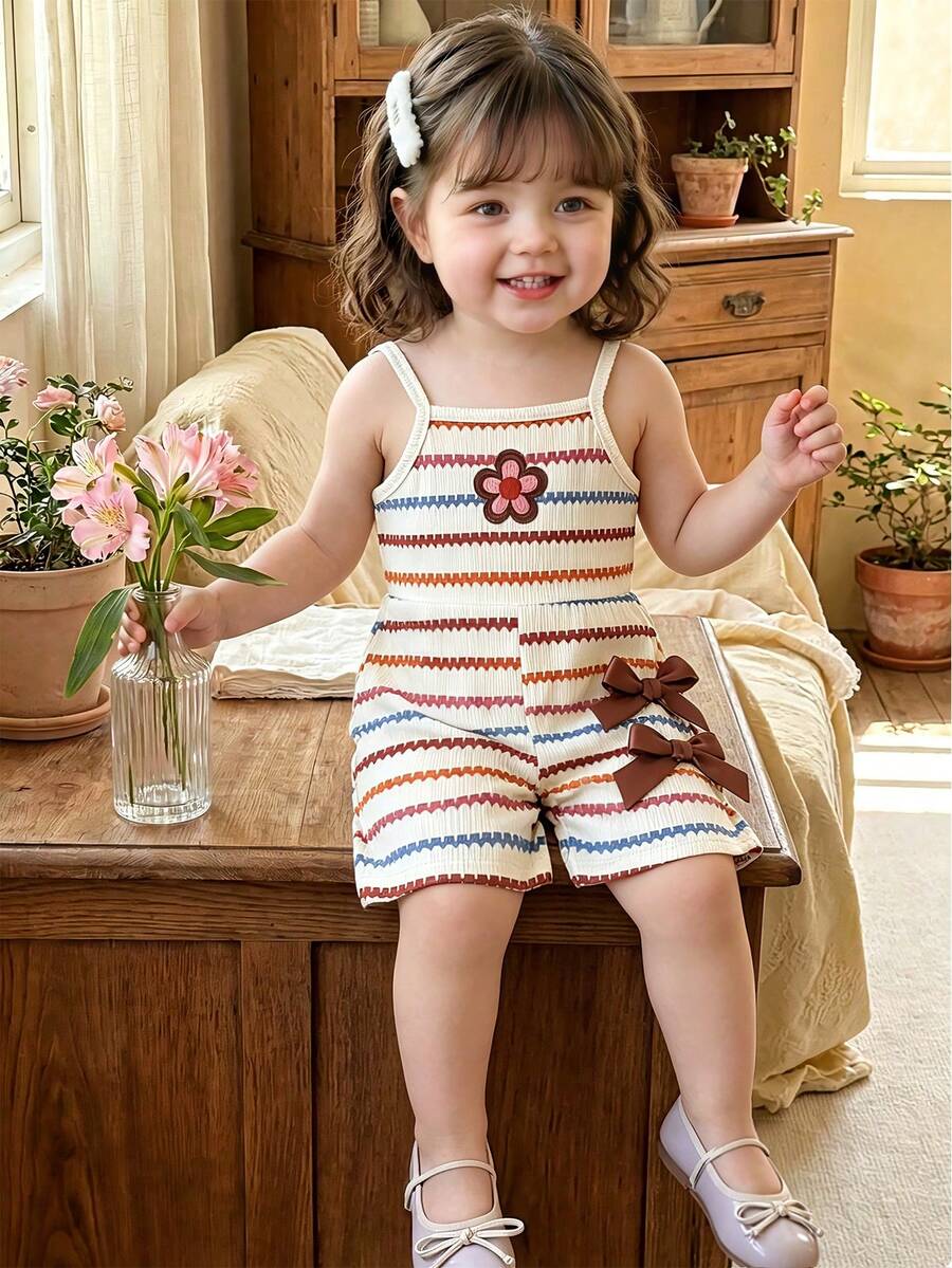 Genkimix Kids Baby Girls' Casual Fashionable Daily Sleeveless Cropped Colorful Striped Floral Print Elastic Ribbed Fabric Bow Decor Romper, Summer - Apricot - View 1