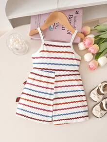 Genkimix Kids Baby Girls' Casual Fashionable Daily Sleeveless Cropped Colorful Striped Floral Print Elastic Ribbed Fabric Bow Decor Romper, Summer - Apricot - View 2