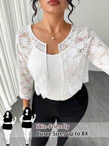 SHEIN CURVE+ Plus Size Women's Open Front Crop Lace Jacket For Holiday Party Wedding Clothes Autumn Elegant Fall - White - View 1