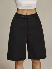 SHEIN PETITE Quần short Bermuda Modichic Casual Solid Slant Pocket - màu đen - Xem 5