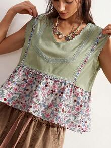 Camiseta sin mangas casual con cuello en V y estampado floral para mujer - Verde - Ver 5