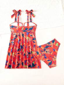 Swim Lushoire Swim Lushore Women's V-Neck Swim Dress, Vibrant Floral Print With Bow Decor, Ruched Bust And Flared Hem Swimsuit - Multicolor - View 2