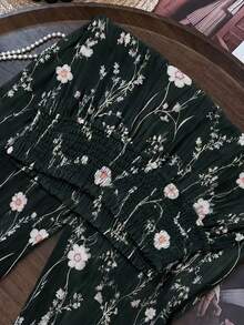 DreamSkyne 大尺碼新款法式花卉休閒波希米亞風百搭女款長褲 秋季度假深綠色 - 深灰色 - 查看 2