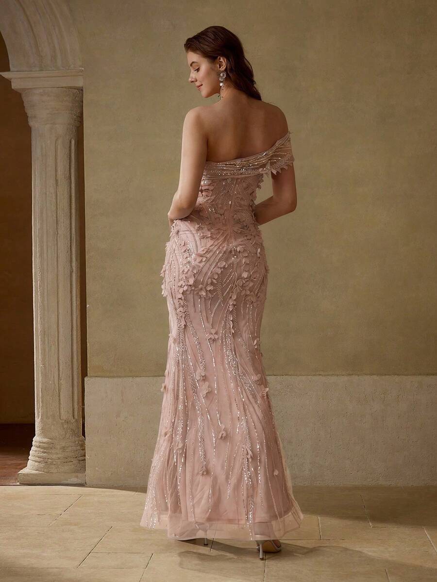 MOTF Soiréza ELEGANT ASYMMETRICAL NECK FLORAL EMBROIDERED SPLIT BEADED FORMAL DRESSES & EVENING GOWNS - Dusty Pink - View 2