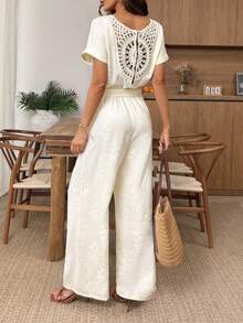 Ellevyn Vacation Backless Floral Trim Wide Leg Jumpsuit In Apricot - Apricot - View 3