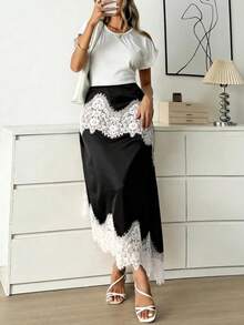 Franclia Damen Große Größen Satin Spitze Patchwork Rock, eleganter minimalistischer Rock, zarter Spitzenbesatz am Saum, geeignet für Frühling, Sommer, Herbst, Dates, Partys, Alltag Outfit, Büro - Schwarz - Übersicht 8