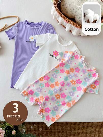 SHEIN 3pcs Baby Girl Cute Knitted Romper Set, Casual & Fashionable
