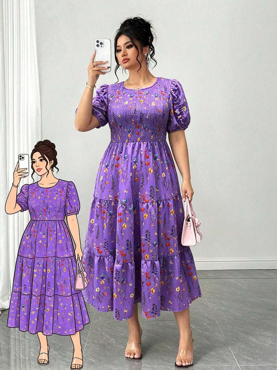 Elenzga Plus Size Women's Short Sleeve Elegant Floral Print Elastic Waist Layered A-Line Dress, Suitable For Spring And Summer - Purple - View 1
