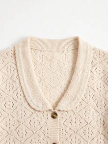 lacRébo Beige Crochet Knit Short Sleeve Button Front Top With Oversized French Sexy Beaded Cute Collar Boho Vintage Autumn Holiday Cotton Golf Brunch - Apricot - View 8