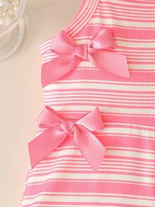 Genkimix Kids Baby Girls' Casual Sleeveless Elastic Ribbed Fabric Bow Decor Short Jumpsuit, Pink Ribbed, Summer - Pink - View 4