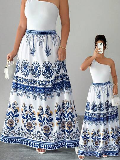 Elenzga Falda acampanada estampada elegante y vintage para mujer de talla grande, primavera/verano