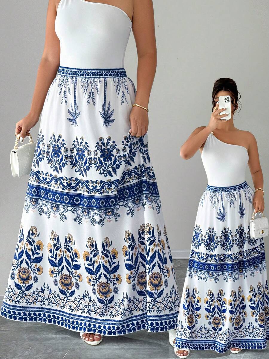 Celure Plus Size Women's Elegant Vintage Printed A-Line Skirt, Spring/Summer Brunch Vacation White - Blue and White - View 1