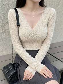 DAZY Women's Solid Color Lace Top With Scalloped Hem Going Out Tops Long Sleeve Women Tops - Beige - View 7