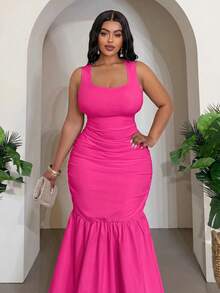 Slaydiva Vestido nuevo elegante y grácil para fiesta, cita, boda, graduación, noche, cumpleaños, reunión familiar, salida con amigos, baile, evento - Blanco sin mangas de cuello bajo con pliegues en el bajo, silueta de cola de sirena acampanada, talla grande - Rosa Fucsia - Ver 5