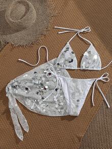 Swim SXY Bộ đồ bơi 3 món mùa hè dành cho nữ, áo bikini tam giác đính sequin gợi cảm, quần bikini tam giác buộc dây bên hông và chân váy mini đính sequin. - trắng - Xem 5