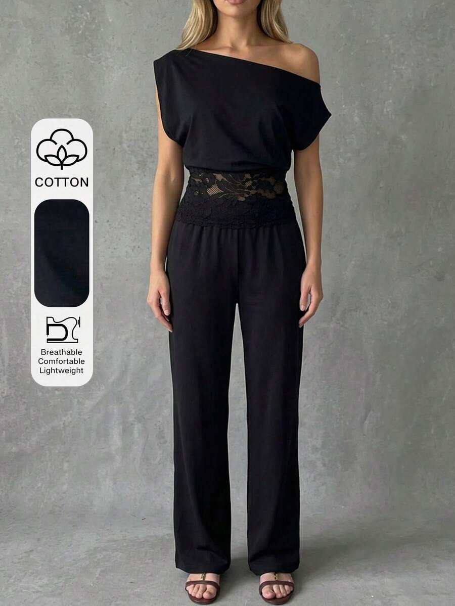 Livesso 2pcs/Set Women's One-Shoulder Lace Patchwork Fitted T-Shirt And Straight Leg Long Pajama Pants Sleepwear Set, Summer - Black - View 1