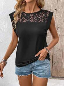 EMERY ROSE Summer Casual Solid Color Lace Patchwork Sleeveless T-Shirt Vacation Black - Black - View 4