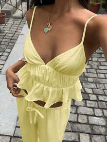 2-Piece Set Of White Linen Tank Top With V-Neck And Ruffled Hem, And Low-Waisted Fringed Trousers, Dress Set - Yellow - View 7