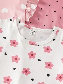 3件組少女舒適時尚愛心印花短袖荷葉邊休閒睡裙家居服套裝，春/夏 - 彩色 - 查看 6