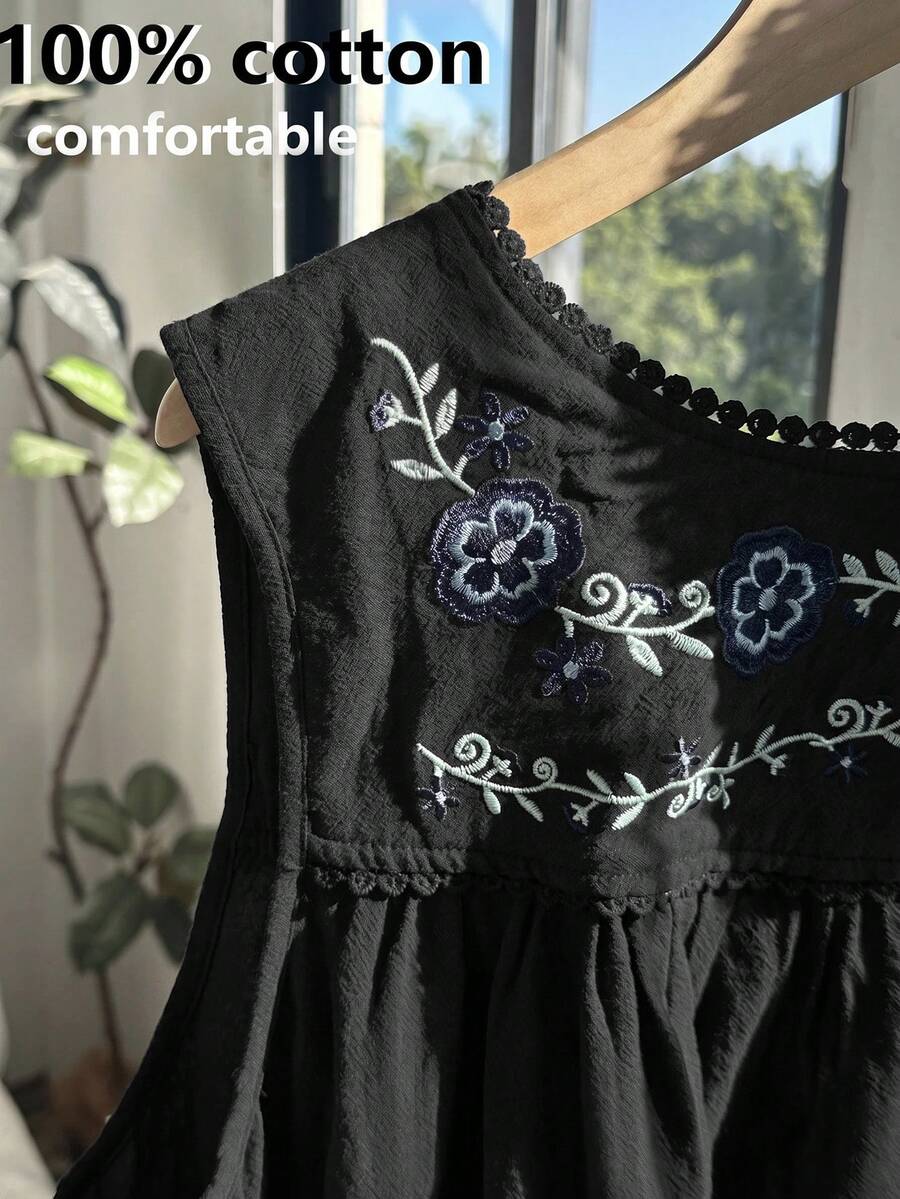 Comfortcana 黑色休闲加大码女式连衣裙，棉质刺绣连衣裙，100%纯棉连衣裙，无袖刺绣连衣裙 - 黑色 - 查看 1