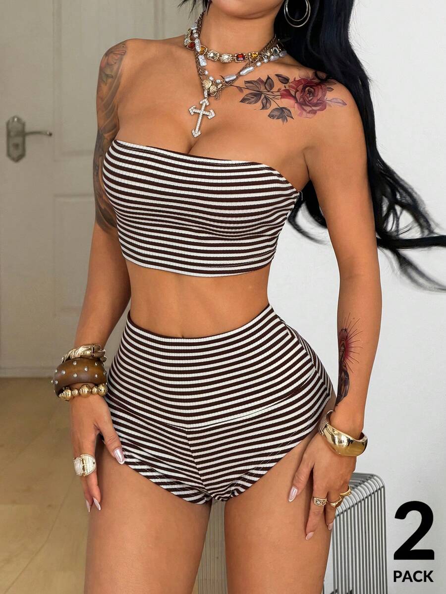 Coolane Bộ 2 món áo croptop kẻ sọc và quần short nữ kiểu dáng thường ngày - màu nâu - Xem 1