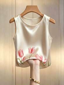 Franclia Áo tank top không tay cổ tròn in hoa thanh lịch dành cho nữ, thích hợp cho mùa hè. - Màu be - Xem 7