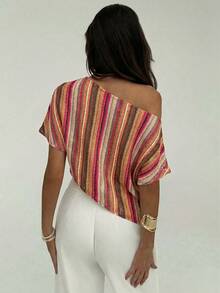 Aloruh Women's Vacation Striped Asymmetric Neck Batwing Sleeve Top - Multicolor - View 2