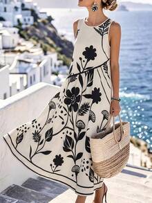 Louniche Standard Size Women's Sleeveless Black & White Printed A-Line Casual Vacation Dress, Spring/Summer - Multicolor - View 6