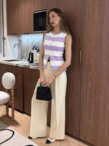 Pariaura Blue White Striped,Summer,Elegant,Tea Party French Style Asymmetrical Metal Buckle Hem Slit Front Rib Knit Fitted Top,Round Neck Striped Knit Top - Violet Purple - View 3