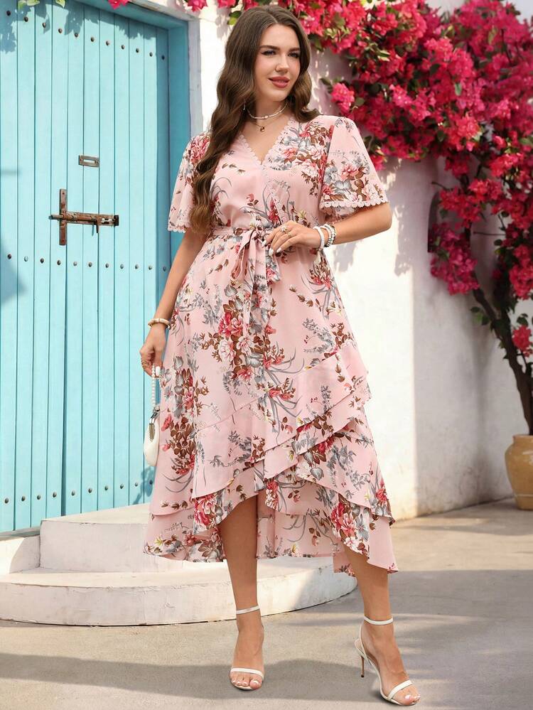 Plus Size Women's Summer Casual Vacation Floral Print Ruffle Hem Mid-Length Dress With Belt