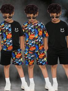 SHEIN 2件套儿童/青少年男童休闲电子游戏图案圆领T恤和短裤套装，适合通勤、上学、日常休闲穿着、运动、春夏穿着 - 黑色 - 查看 3