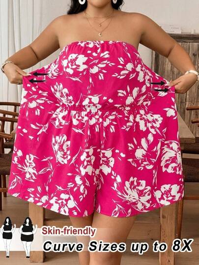 SHEIN CURVE+ 春夏女款印花抹胸连体裤