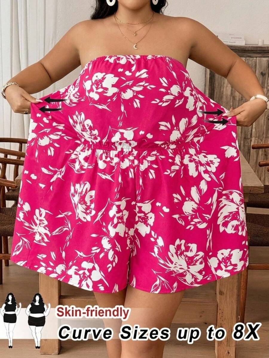 SHEIN CURVE+ 春夏女款印花抹胸连体裤 - 彩色 - 查看 1