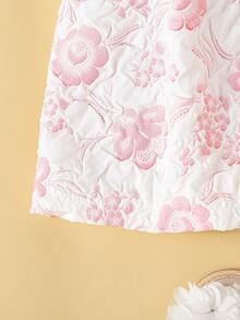 SHEIN Playful Pals 1件女嬰白色與粉色提花無袖洋裝 夏季優雅生日派對 3D玫瑰裝飾 前扣 A字版型復古洋裝 - 淺粉色 - 查看 7