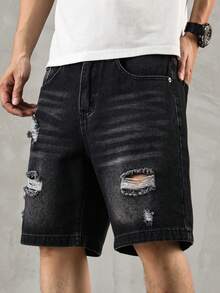 Manfinity EMRG Quần short denim rách rưới phong cách đường phố mùa hè dành cho nam giới cỡ lớn. - màu đen - Xem 7