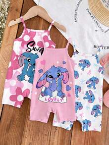 女嬰可愛粉色夏季休閒肩帶連身褲，Kawaii 藍色兔子 Lulu & Stitch 圖案，漸層花卉圖案，韓系舒適女嬰日常穿搭 - 彩色 - 查看 4