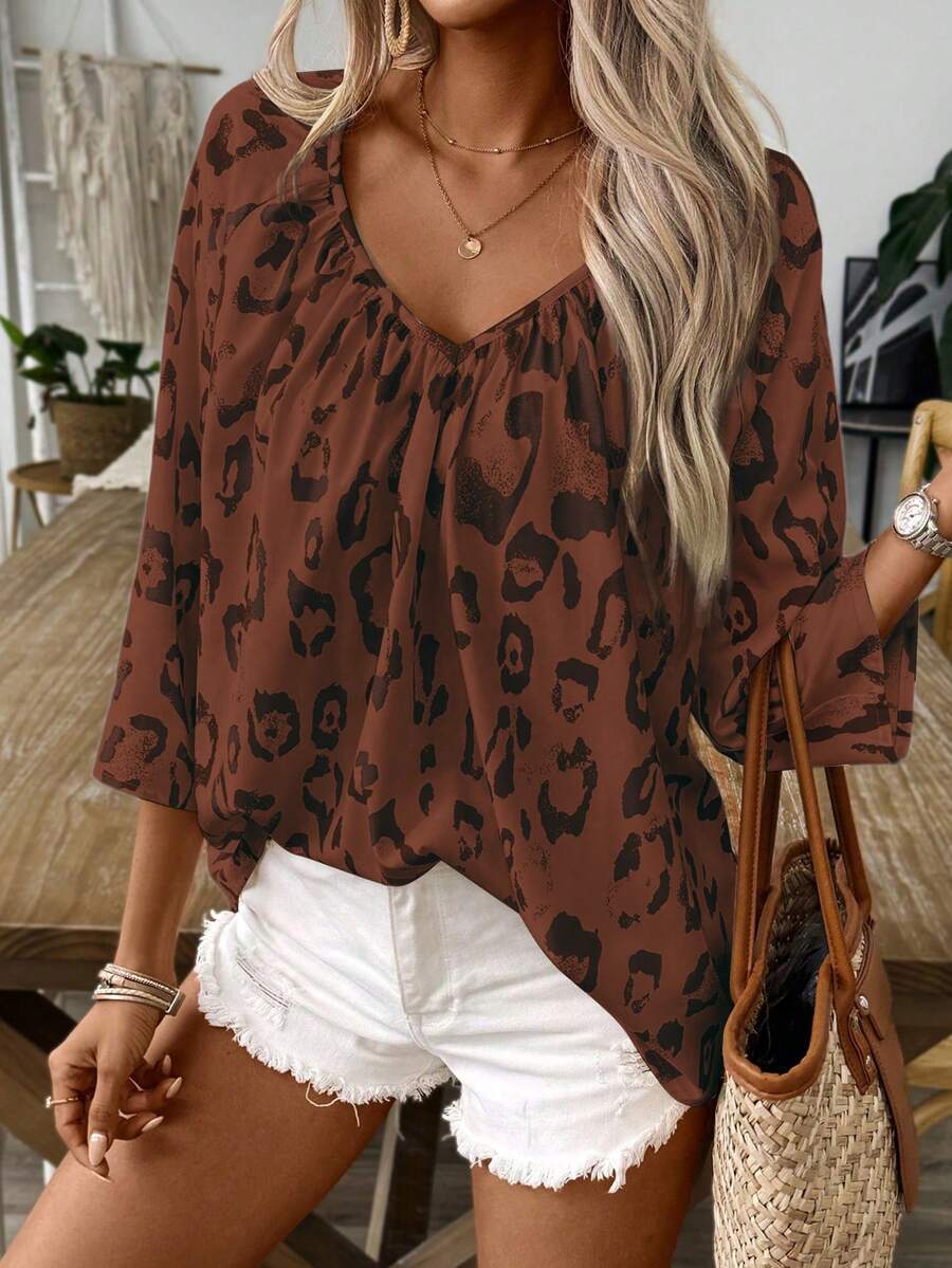 Louniche Women's Leopard Print Bohemian Style V-Neck Ruched Loose Blouse - Brown - View 1