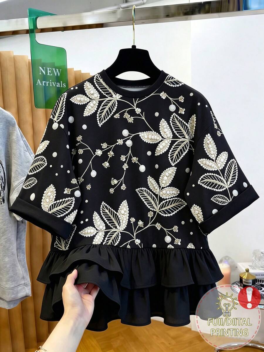 GlowEve 女士仿刺绣仿珠饰图案印花圆领七分袖荷叶边下摆T恤,优雅女士T恤,适合日常穿着和约会,夏季 - 黑色 - 查看 1