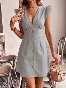 SHEIN Frenchy Đầm nữ dáng chữ A cổ chữ V tay ngắn cài nút, họa tiết sọc đen trắng, trang phục thường ngày. - Nhiều màu - Xem 3