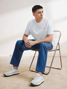 Driftmere 2pcs/Set Men Casual Knit Badge Decor Slim Fit Round Neck Short Sleeve T-Shirt And Drawstring Waist Pants Summer Outfit, Suitable For Daily Wear, Cozy Outfits Father's Day – A Fathers Day Gift Guide - Blue and White - View 12