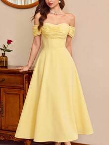 Vintamour Robe jaune élégante vintage pour femmes, patchwork en dentelle épaules dénudées avec poches, tenue décontractée pour vacances d'été, rendez-vous, invitée de mariage, fête, remise des diplômes, bal de promo - Jaune d'oie - Voir 2