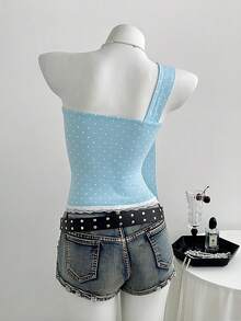 Elamini Atasan Wanita Motif Polkadot Manis dengan Detail Renda Kontras dan Bahu Terbuka serta Pita Ikat - Baby Blue - View 2