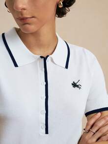 SHEIN Uhlyne 新款时尚撞色短袖针织运动上衣 - 米色 - 查看 5