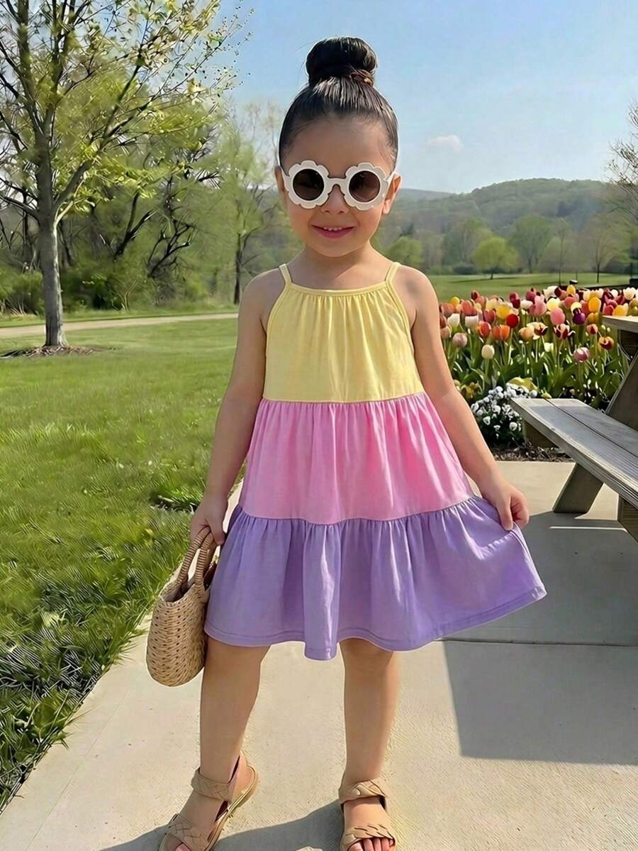 Young Girl Vacation Casual Street Chic Halter A-Line Color Block Splice Dress, Suitable For Vacation, Beach, Seaside - Multicolor - View 1