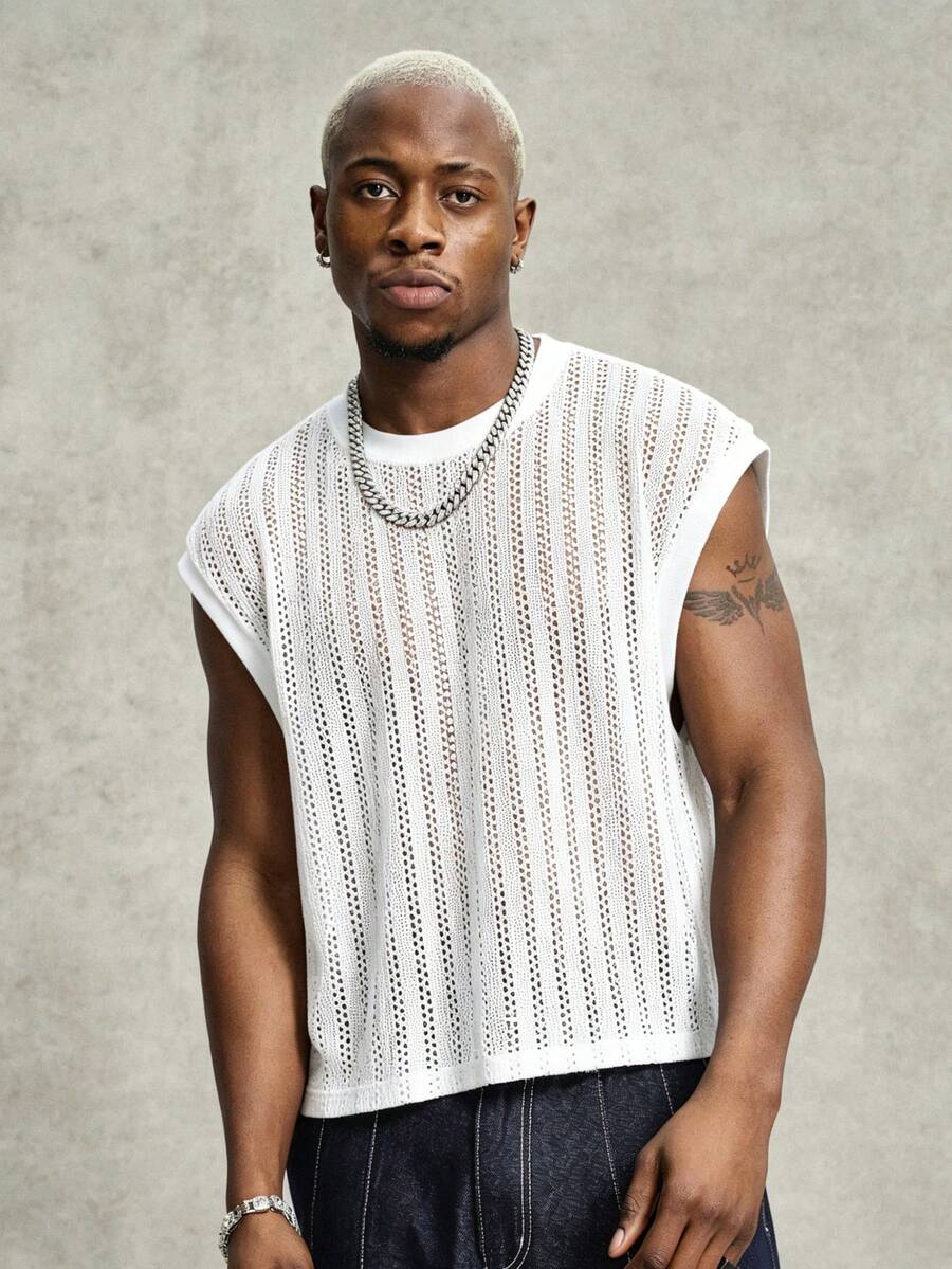 PAVTROS Áo tank top nam cổ tròn khoét lỗ, màu trơn, dáng rộng - trắng - Xem 1