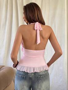 Aloruh Ruffle V-Neck Sleeveless Knit Tank Top, Solid Pink Color, Casual Commute Wear, Romantic Date & Holiday - Baby Pink - View 2