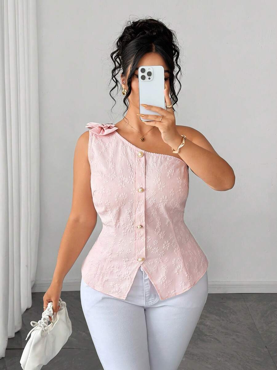 Elenzga Áo không tay cỡ lớn dành cho nữ, Áo vest jacquard thắt nơ hồng, Áo tank top ôm dáng cài khuy ngọc trai, Áo kiểu trễ vai hở vai, Áo sơ mi mùa hè jacquard cài khuy ngọc trai ở eo, Phong cách Pháp dịu dàng, Áo tank top mùa hè ôm dáng Pure Desire, Áo mùa hè dành cho nữ, Kỳ nghỉ, Du lịch, Áo nữ thanh lịch - Hồng - Xem 1