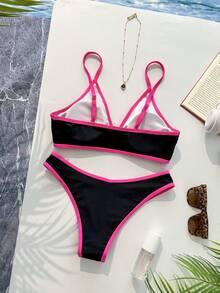 Swim Basics Vacation Beach Contrast Color Trim Swimwear Set - Multicolor - View 3